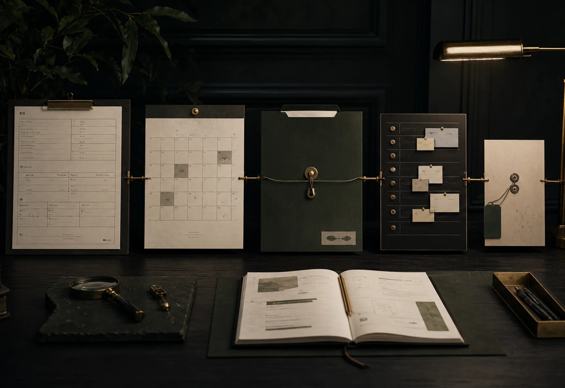 A refined operations desk connecting an intake form, calendar, project folder, task board, and controlled exception path.