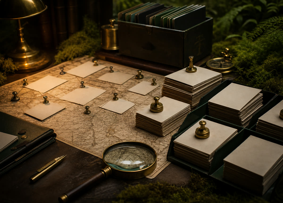 Public lead cards sorted across a map with folders, scoring weights, and a magnifying glass.
