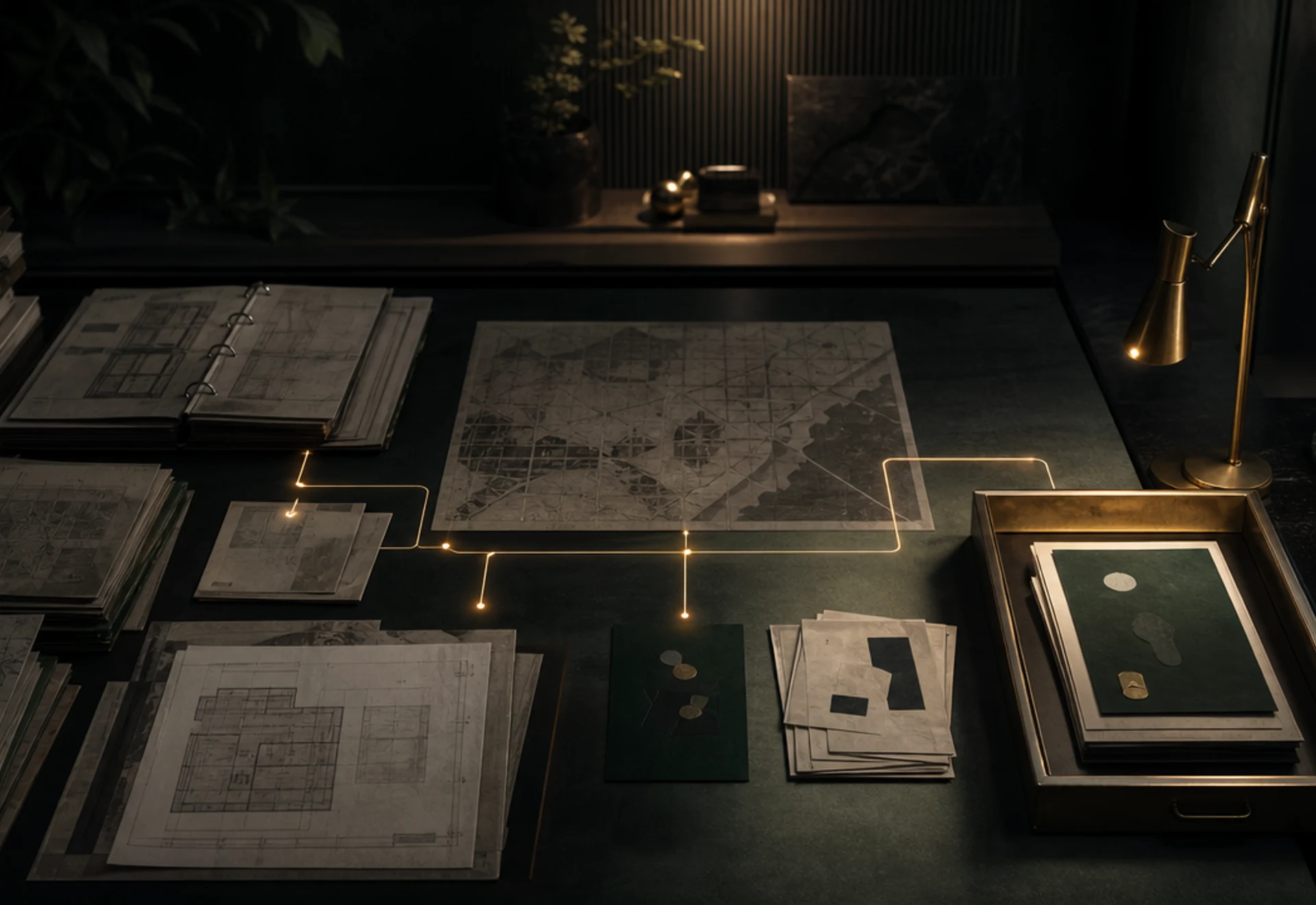 A dark research table connecting municipal planning documents, maps, site plans, and selected evidence-backed opportunity signals.