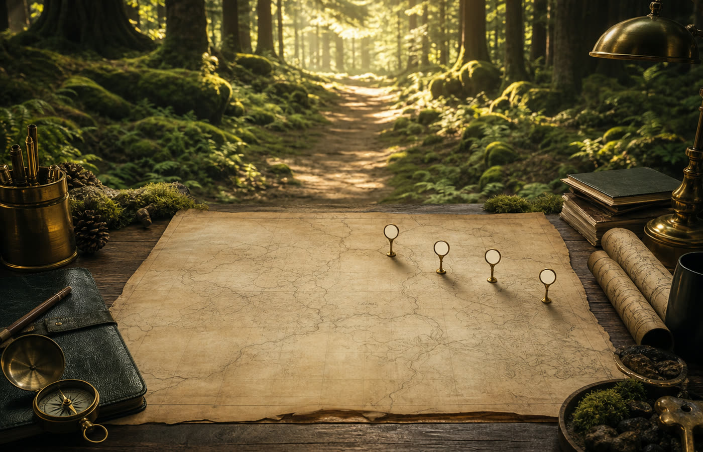 A forest clearing worktable with a parchment opportunity map, brass route pins, notebooks, compass, and a clear path through the trees.
