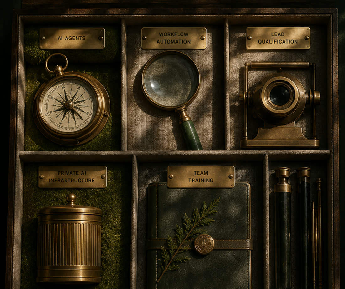 A brass and moss cabinet representing AI agents, workflow automation, lead qualification, and private AI infrastructure.