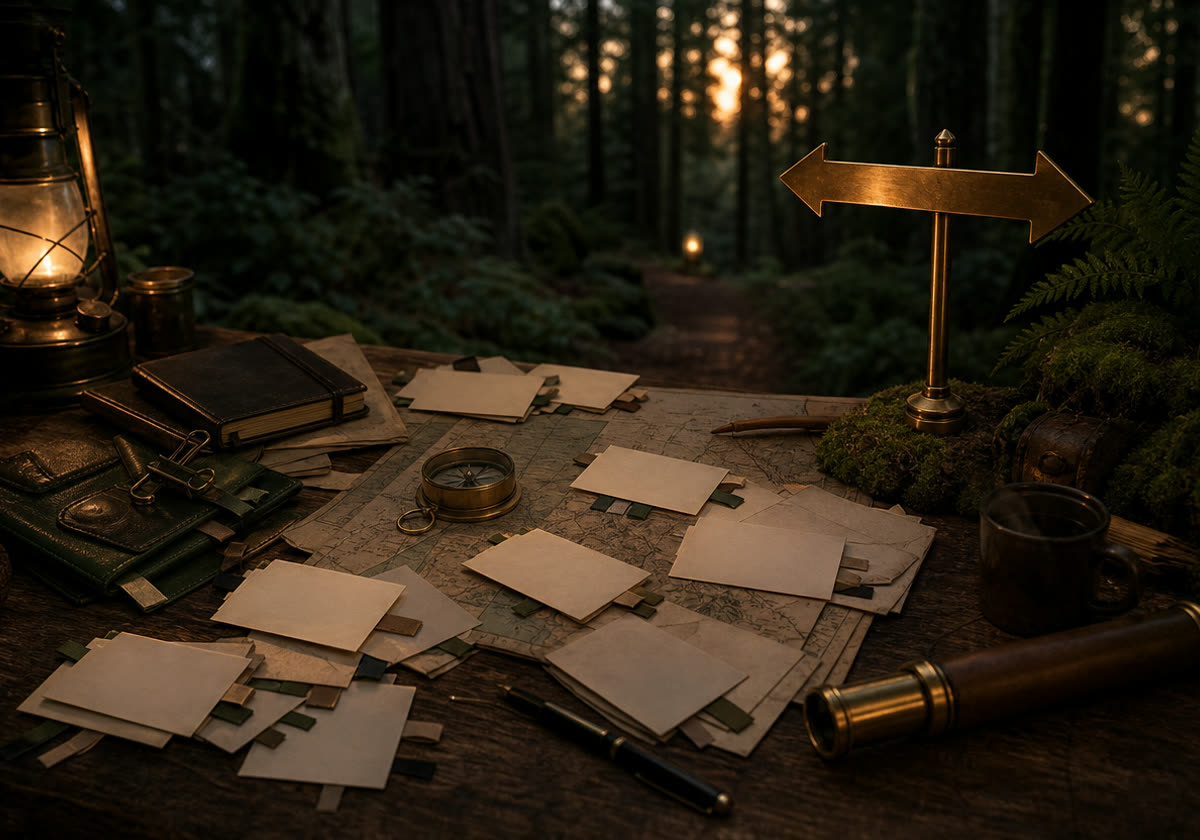 A forest worktable with scattered blank tool cards, a map, a lantern, and one brass sign pointing toward a clear path.
