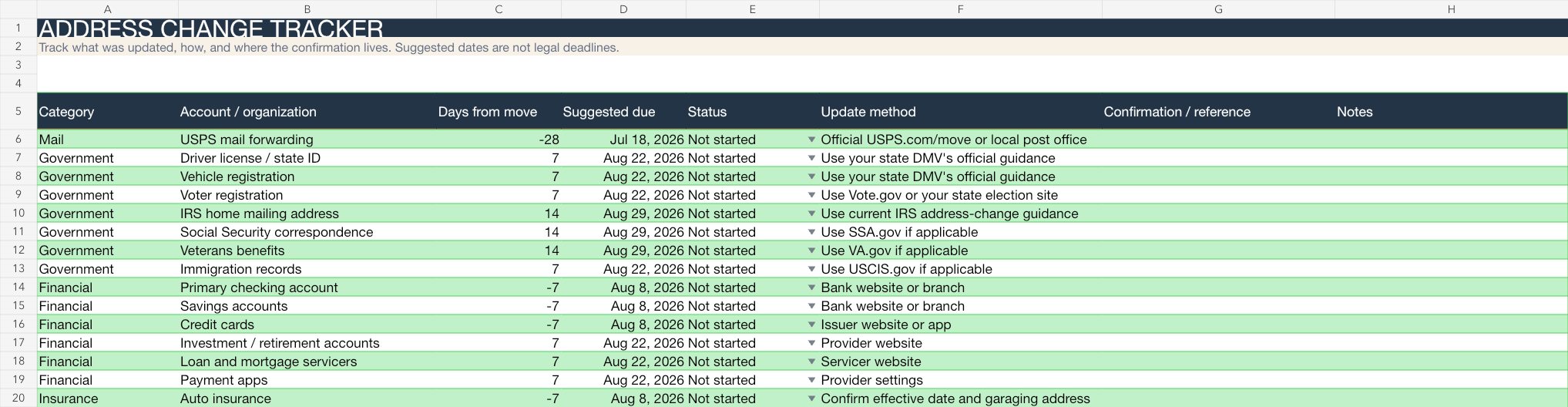 Address change tracker spreadsheet